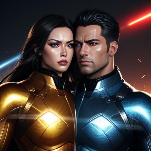 Steel Man and Rubber Woman Reach Out in Digital Art