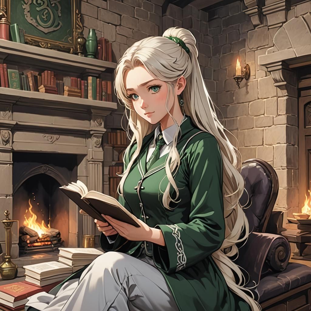 Anime Girl Reading in Slytherin Common Room