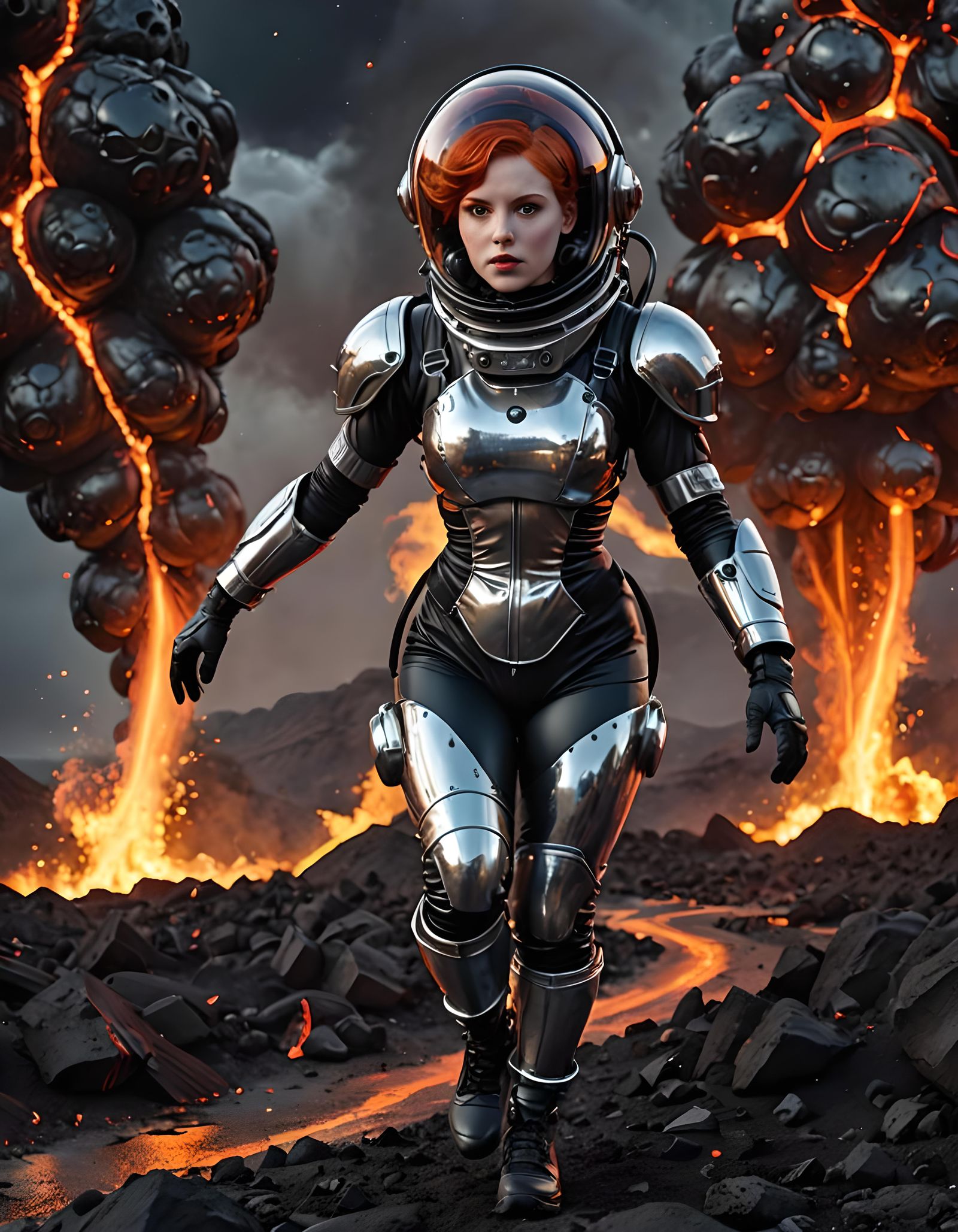 Redhead in Spacesuit Running from Lava World