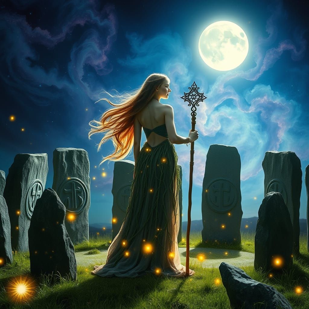 Serene Druidess Amidst Whirling Cosmic Vines