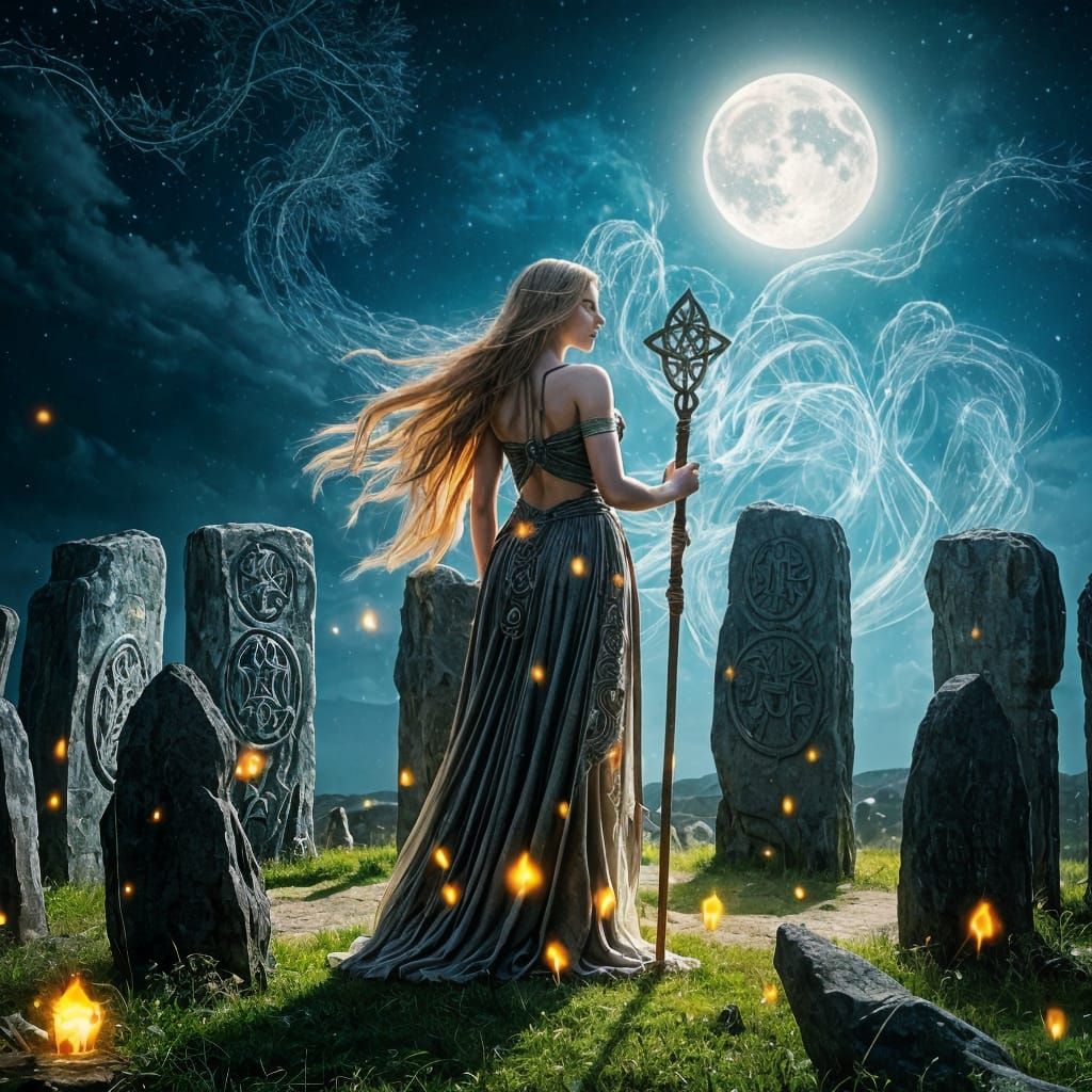 Serene Druidess Connects with Cosmic Power in Ancient Circle