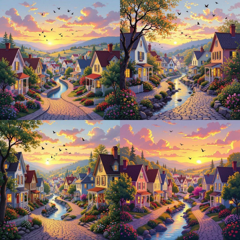 Vibrant Small Town at Sunset with Creeks and Cobblestone Str...