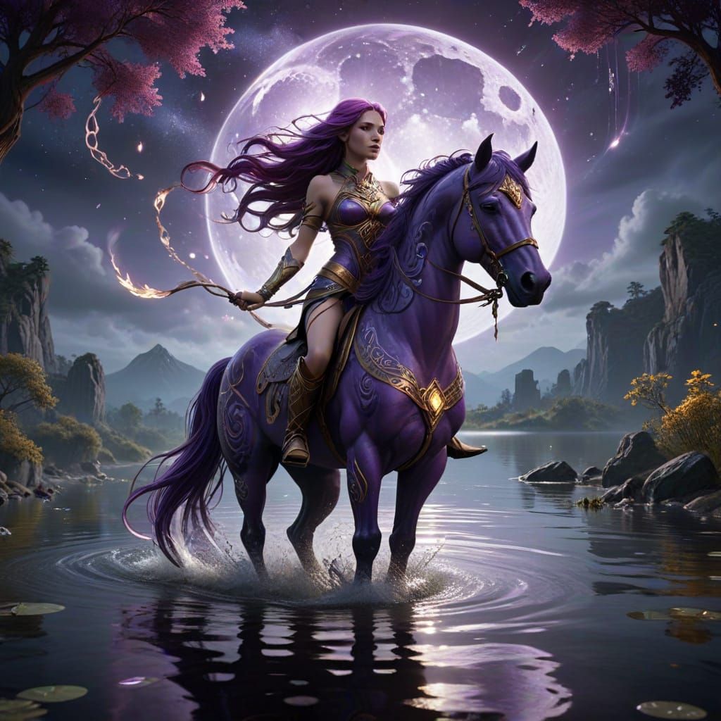 Mystical Celtic Goddess and Magic Horse on a Moonlit Lake