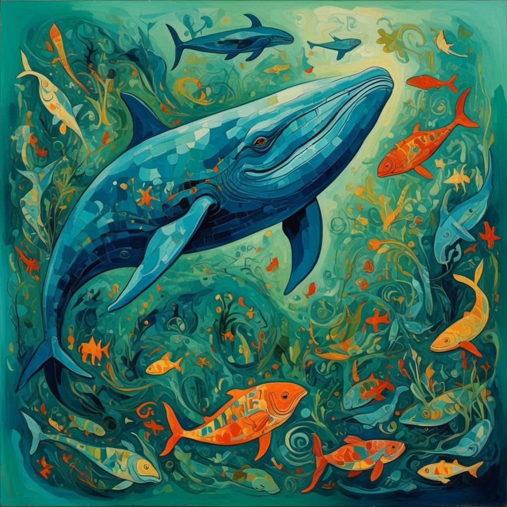 Blue Whale in Green Sea with Tropical Fish