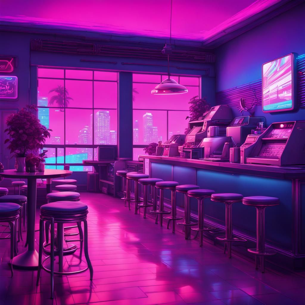 Vaporwave Cat Cafe at Night in Digital Art