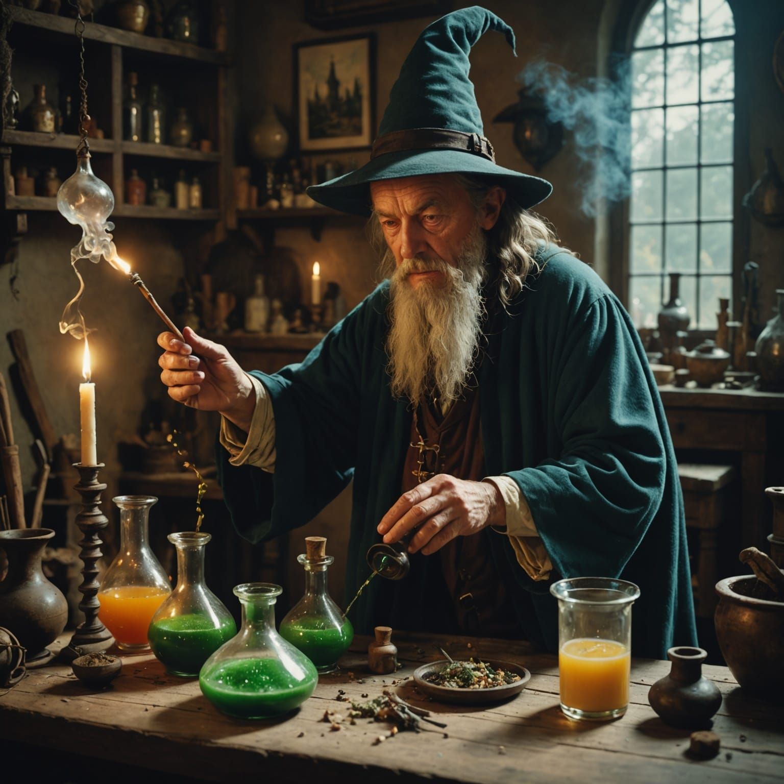 Wizard Brewing Potions in Dramatic Cinematic Style
