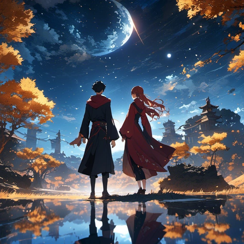 Anime Starry Night Sky with Figures