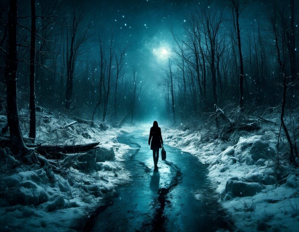 Bioluminescent Woman Walking Crystalline River in Winter