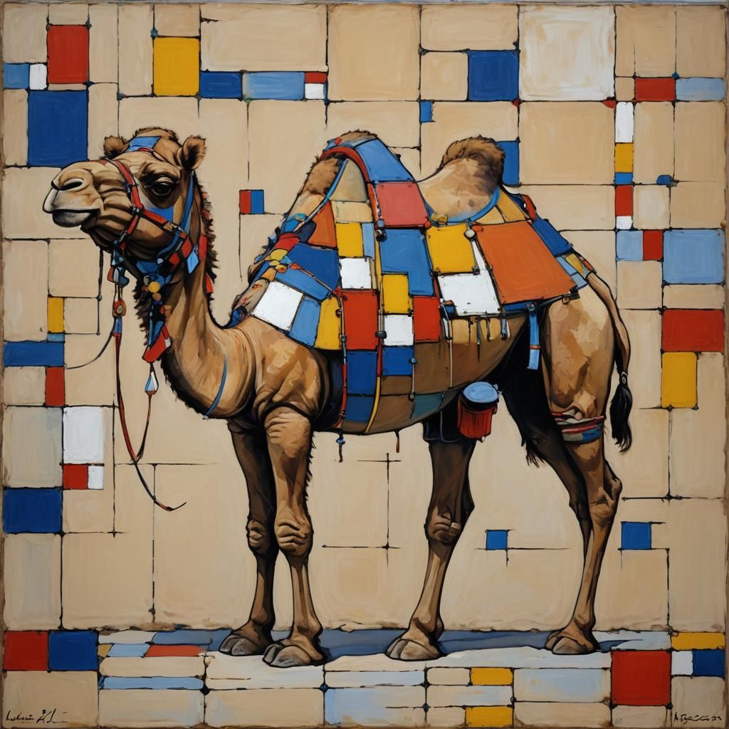 Colorful Mondrian Camel in Oil Painting Style