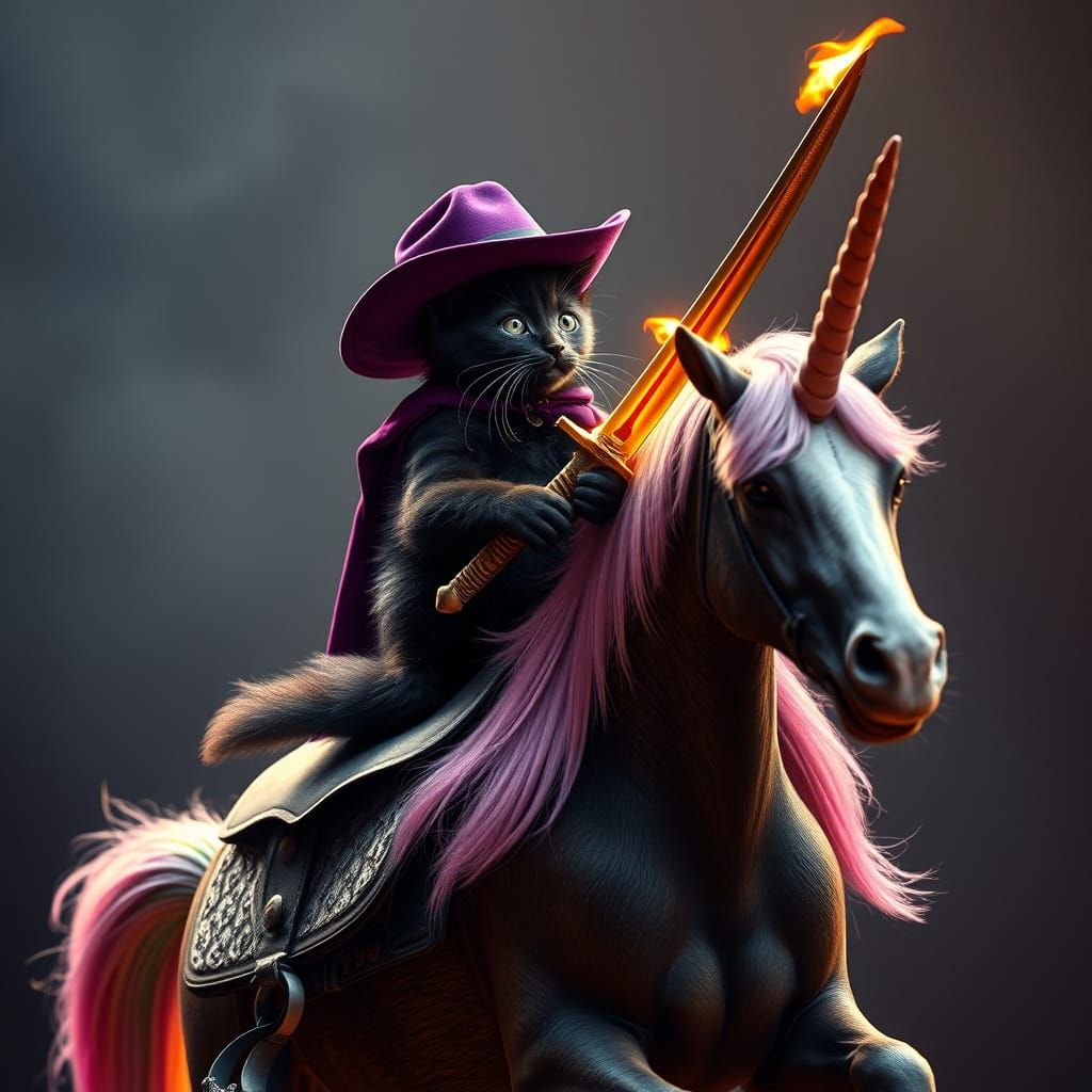 Majestic Kitten Reigns Supreme on Unicorn, Sword in Hand