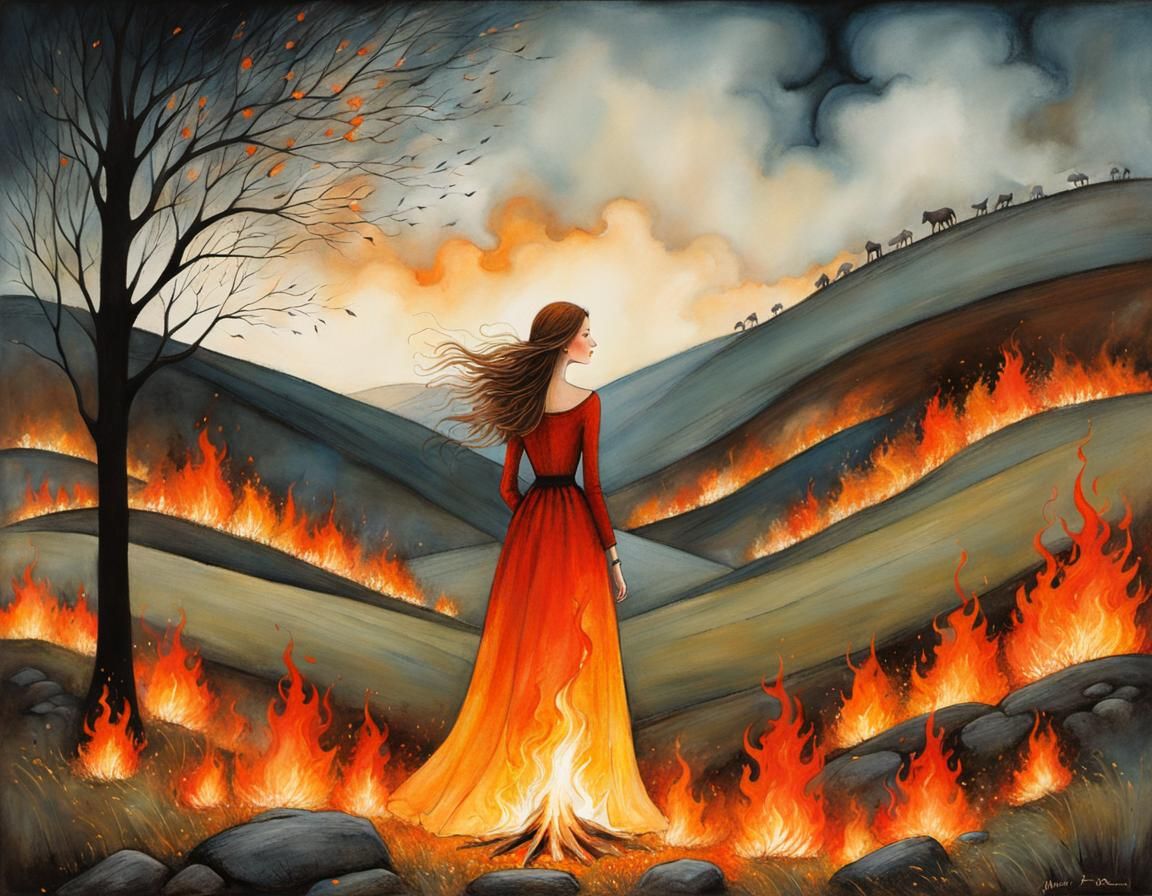 Woman Surrounded by Fire: Whimsical Illustration