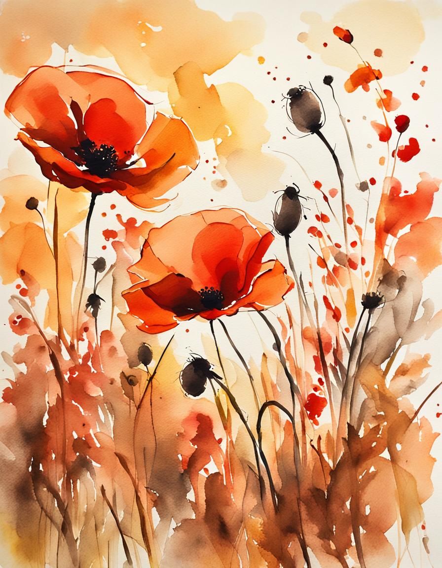 Poppies in Autumn Field as Ink Wash Painting