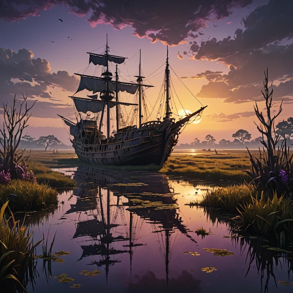 Trading Ship Sails Through Misty Marshes