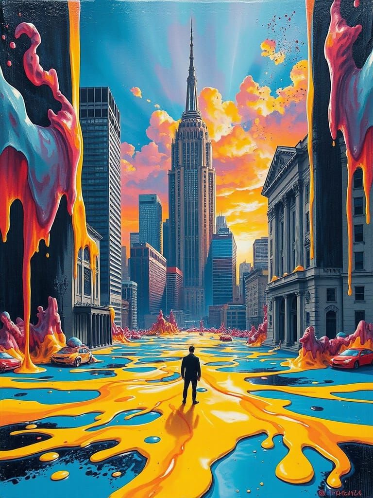 Surreal Cityscape Melts Away in Vibrant, Dreamlike Flux
