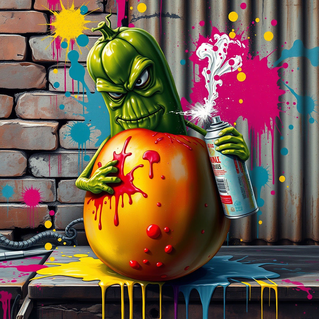 Pickle Graffiti Artist Spraying Tomato in Street Art Style