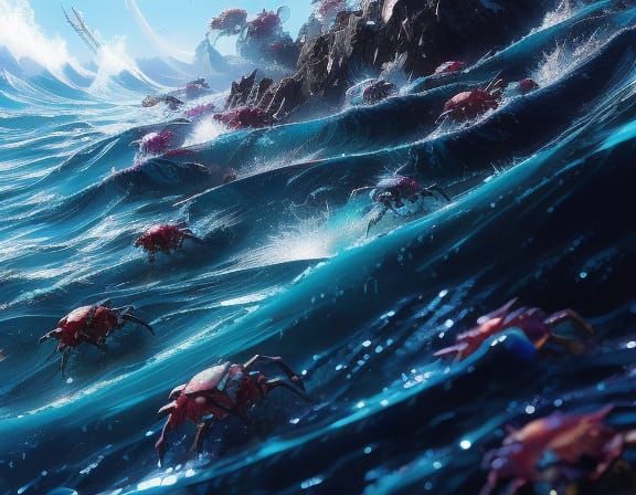 Jeweled Crab Emerges from Ocean Waves