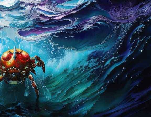 Bejeweled Crab in Hyperdetailed Ocean Waves