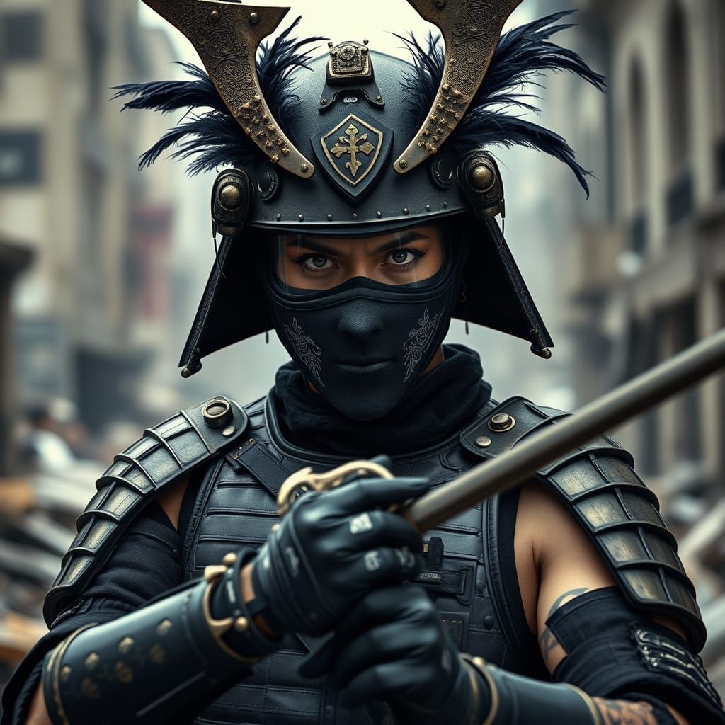 Samurai Warrior in Post-Apocalyptic Ruins