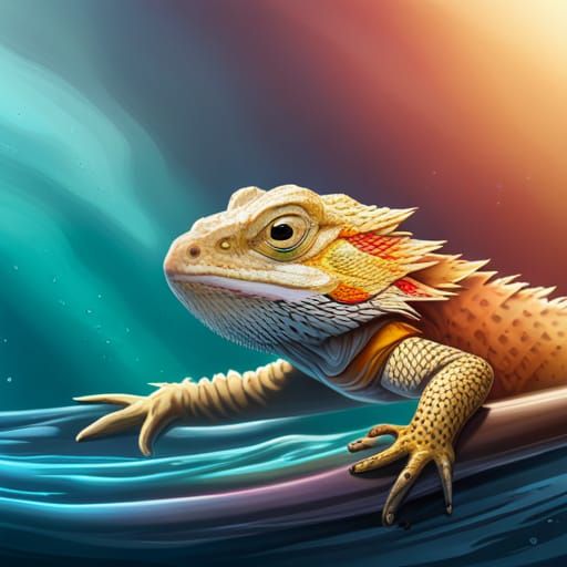 Bearded Dragon on Surfboard in Splash Art Style