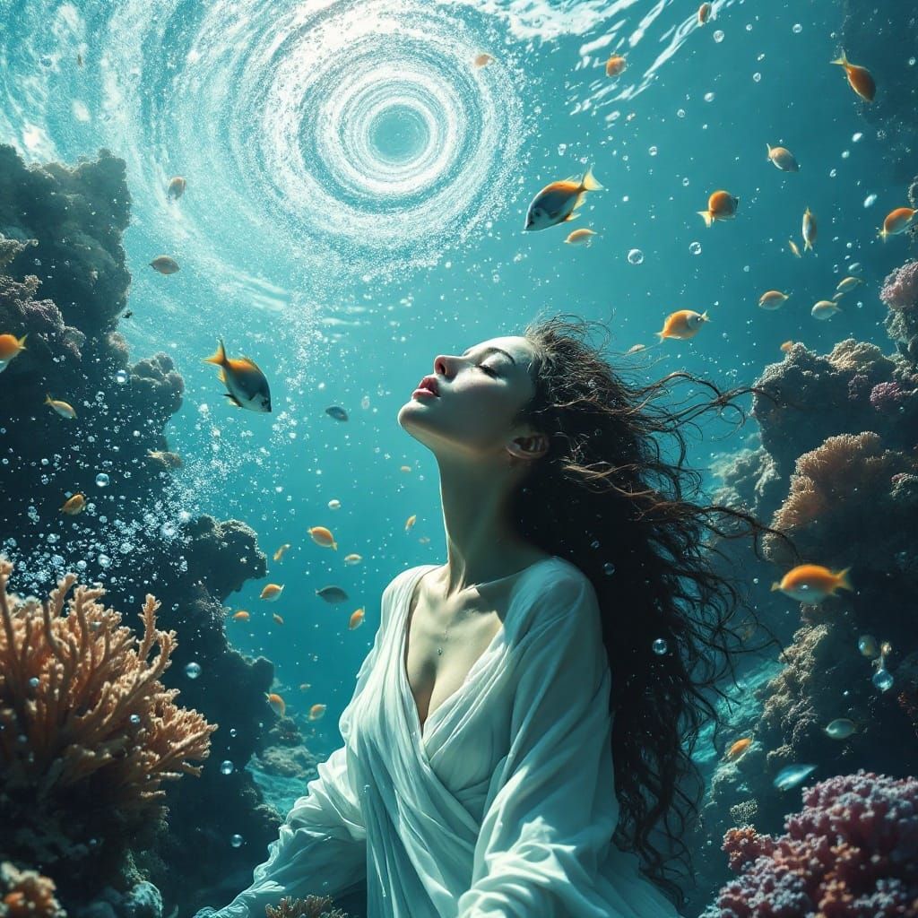 Serene Diver in a Whirlpool of Vibrant Coral