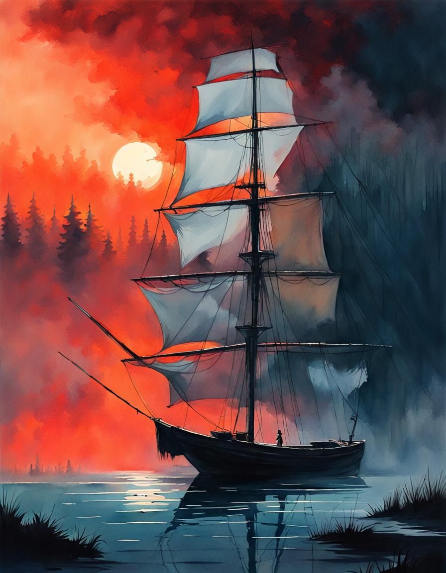 Ominous Night Fog on Lake Watercolor Painting