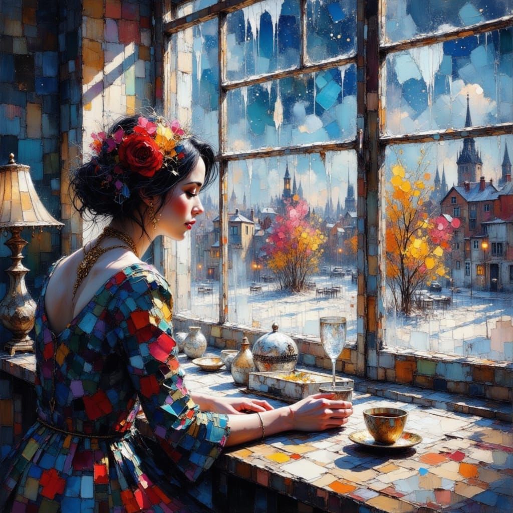 Ethereal Impressionistic Woman in Cityscape at Dawn