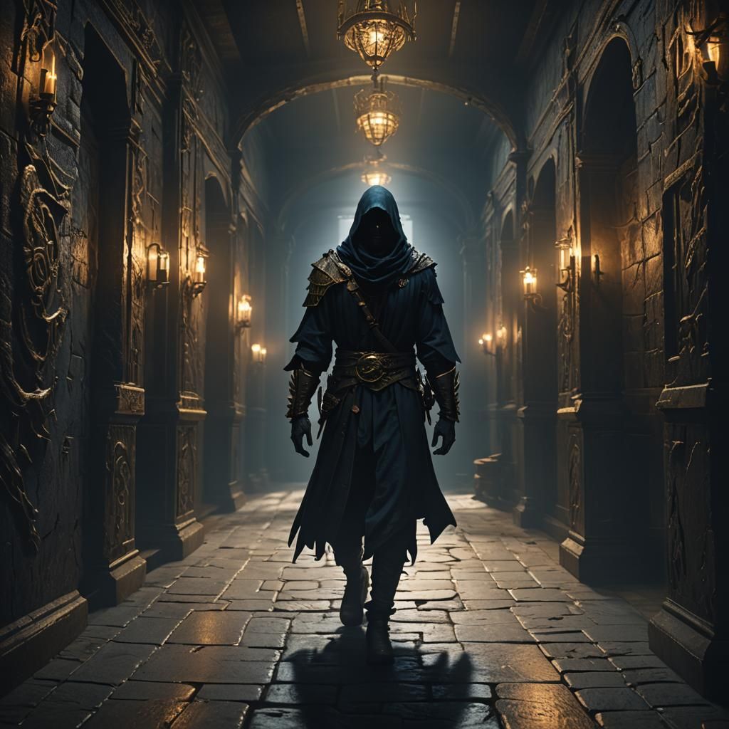 Mystical Shadow Figure in Dark Fantasy Corridor
