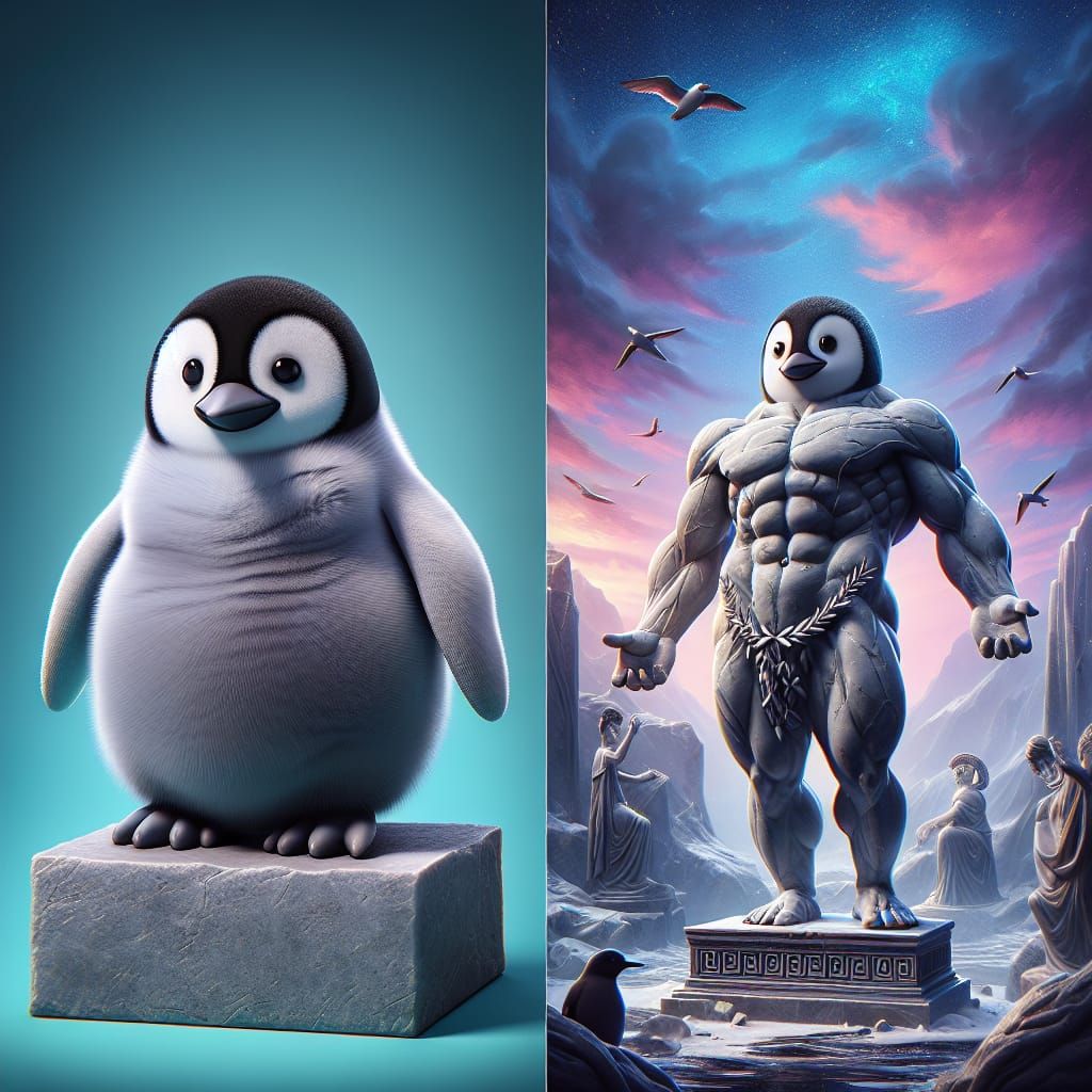 Penguin as Fit Greek God Stone Statue