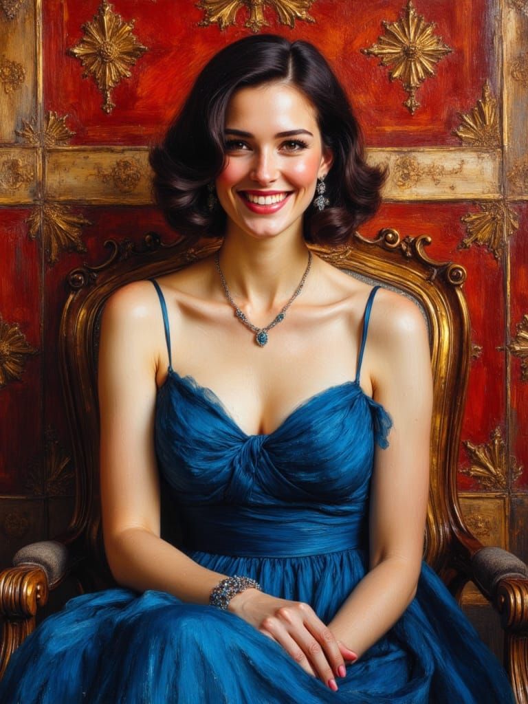 Elegant Woman in Blue Gown, Richly Painted Portrait