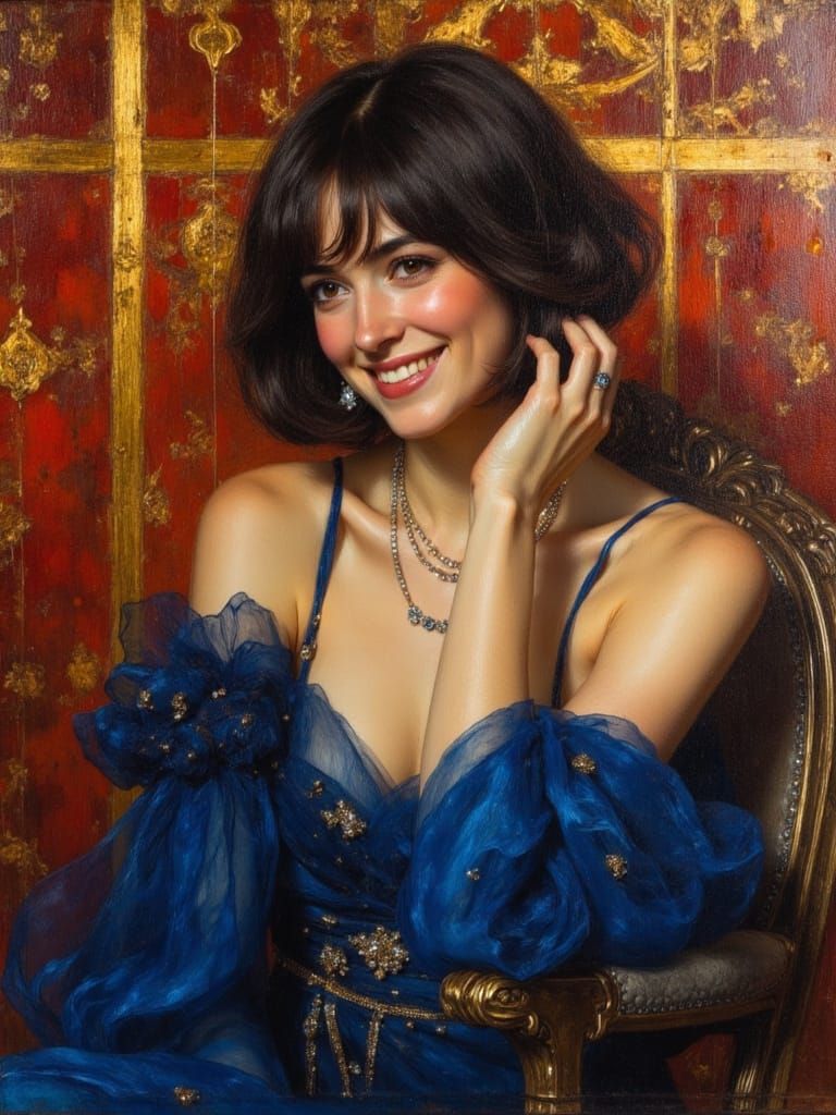 Woman in Sapphire Gown with Dramatic Lighting