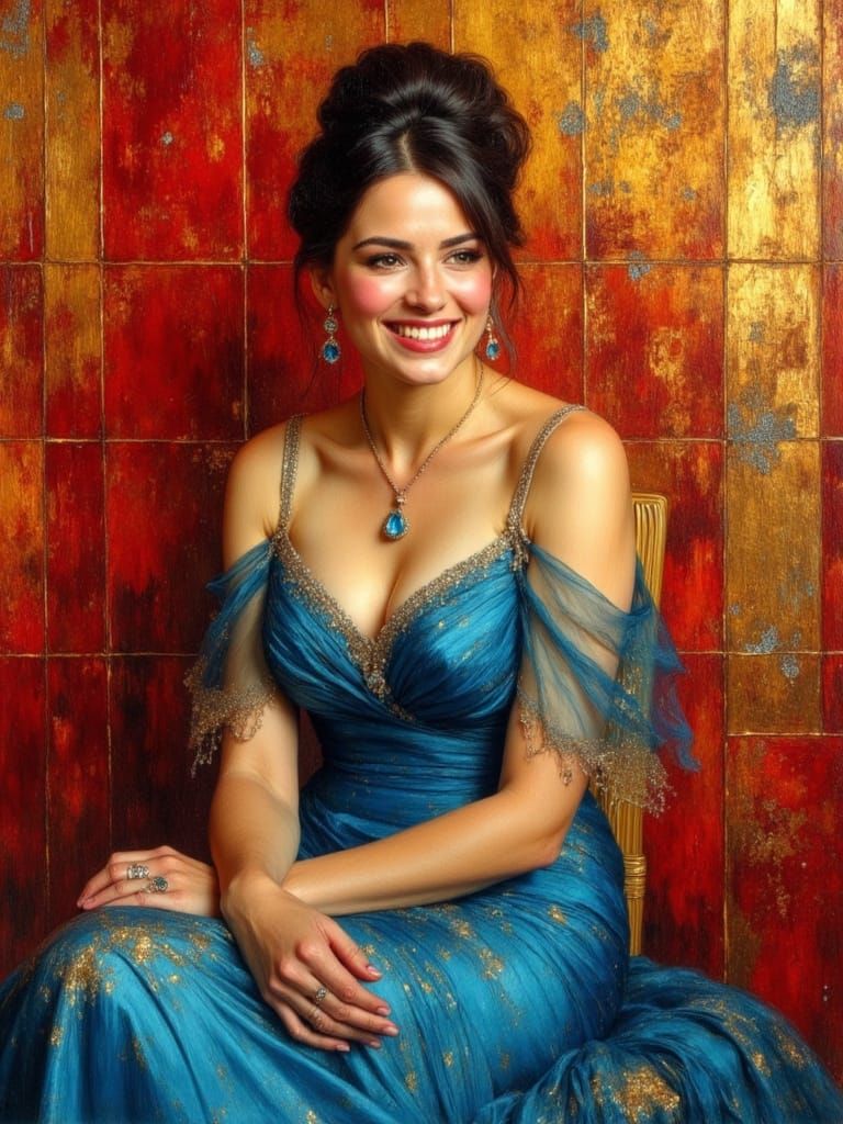 Elegant Woman in Blue Gown, Golden Hour Portrait