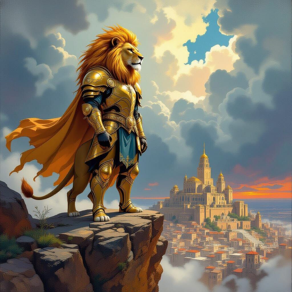 Armored Lion Overlooking Ancient City in Art Nouveau Style