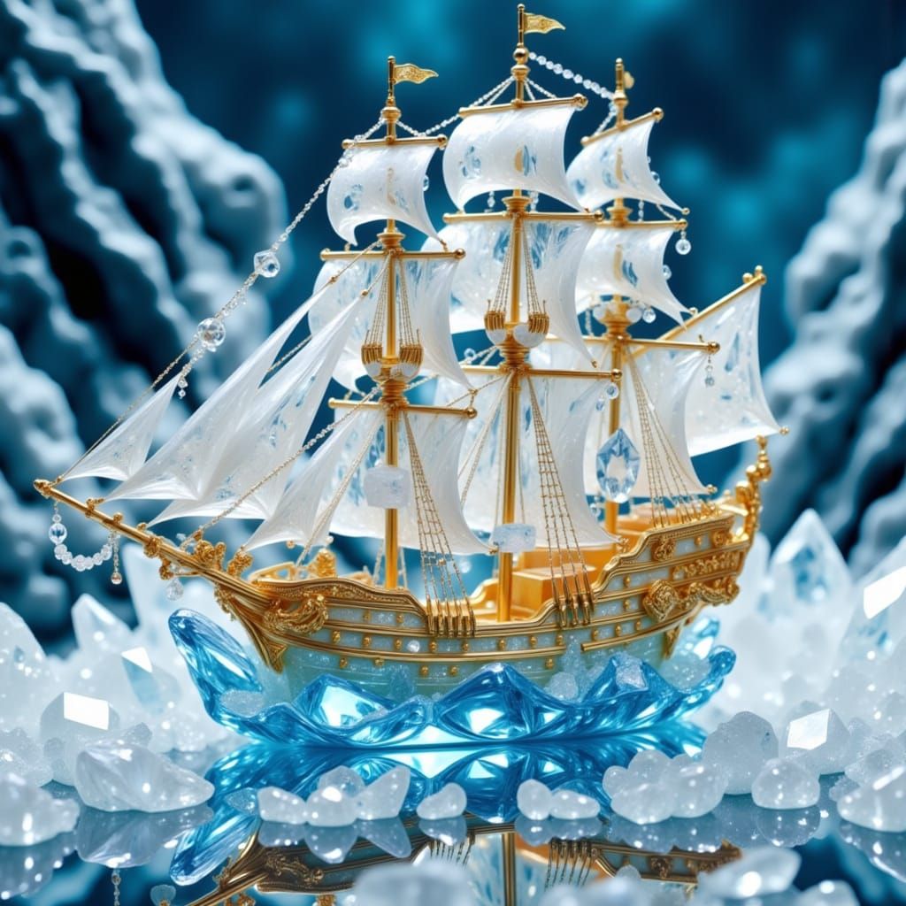 Crystal Tall Ship Model in Mineral-Inspired Glass