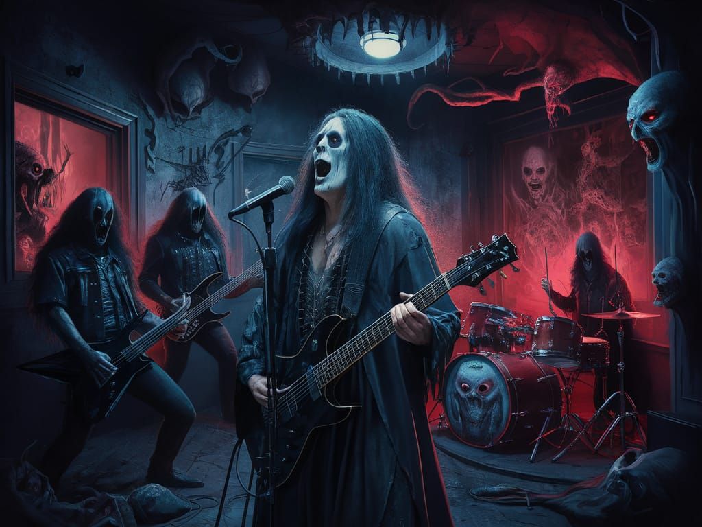 Eerie Heavy Metal Band Performance in Haunted Room