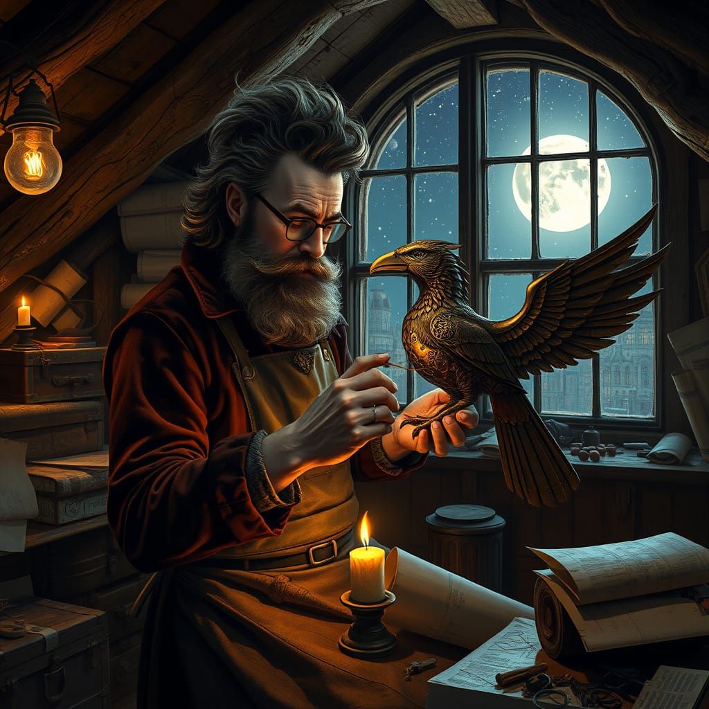 Visionary Inventor Works by Candlelight in Cozy Attic Worksh...