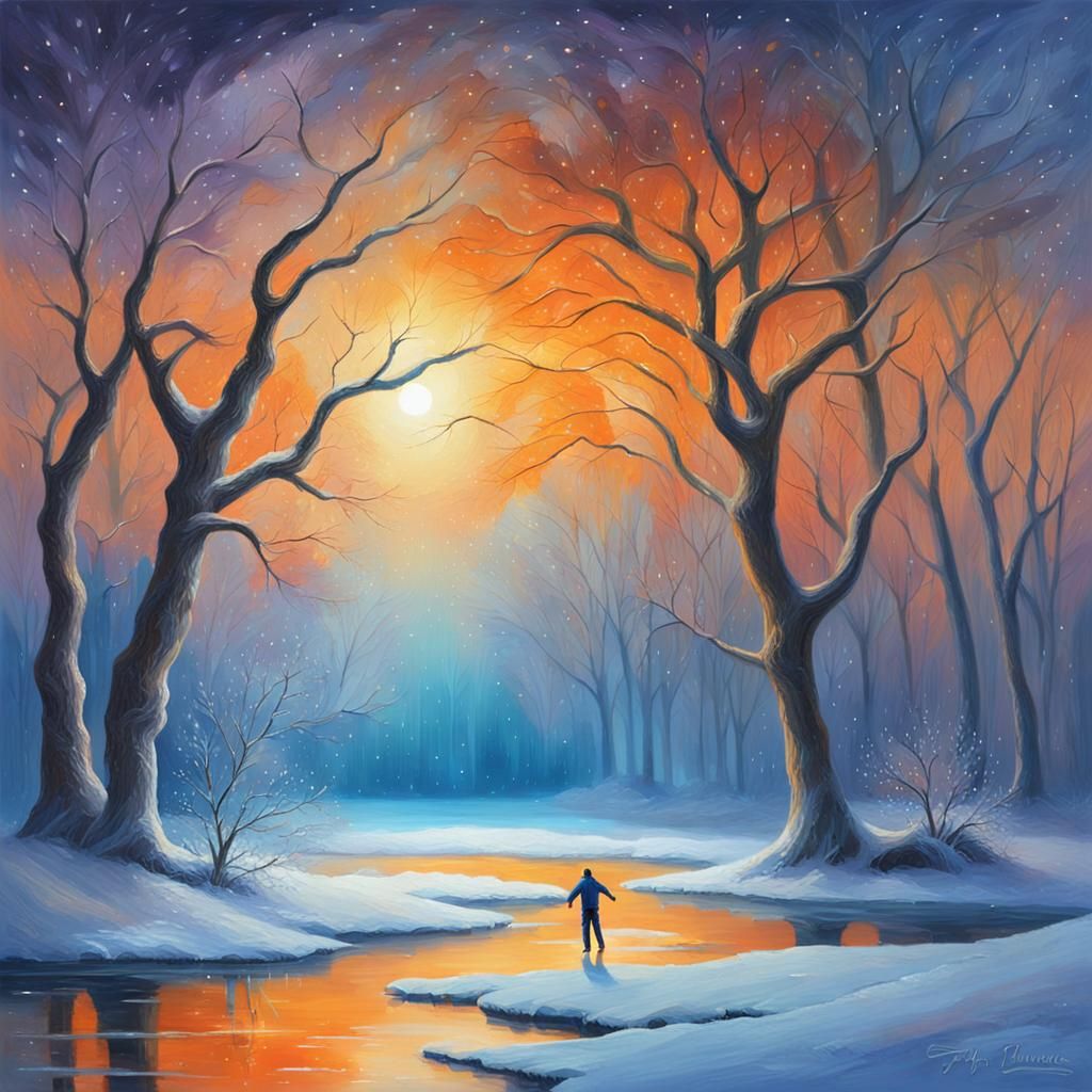 Mystical Winter Night: Ice Skater in Oil Painting