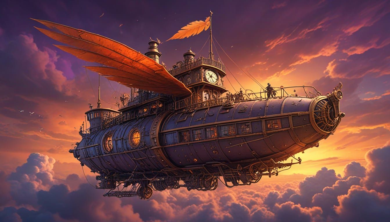 Steampunk Flying Ship at Sunset