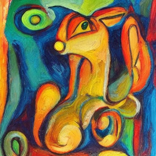 Expressionist Rabbit Jumps in Moonlit Room as Impasto Painti...