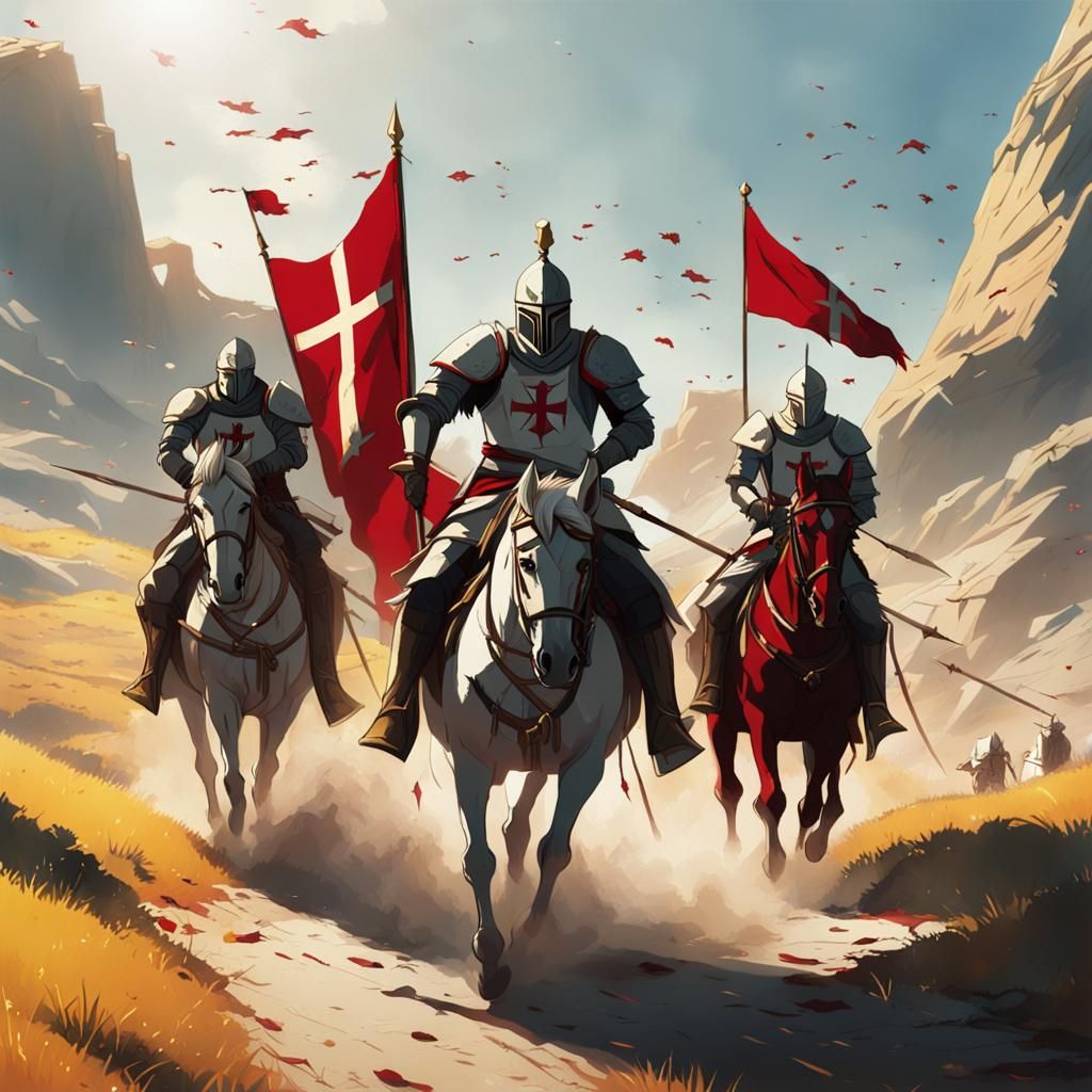 Exhausted Knights Ride Through Battle-Scarred Landscape