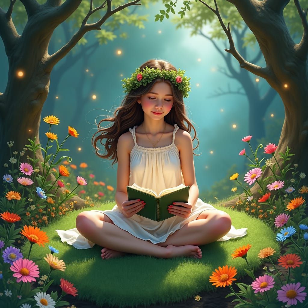 Girl Reads in Mystical Garden, Digital Art