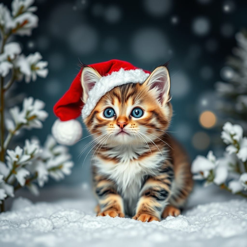 Playful Kitten Dressed as Santa Claus in Snowy North Pole La...