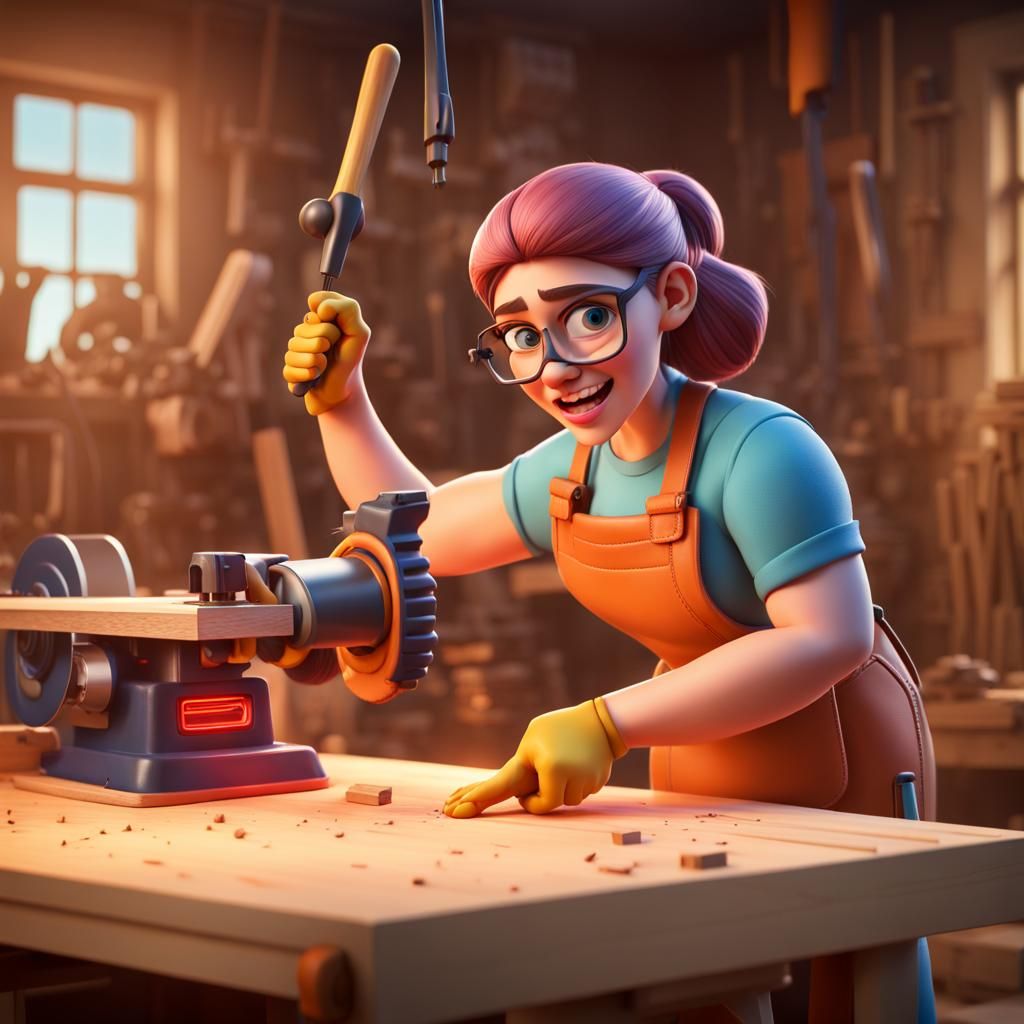 Woodworking Accident Scene in Pixar Style