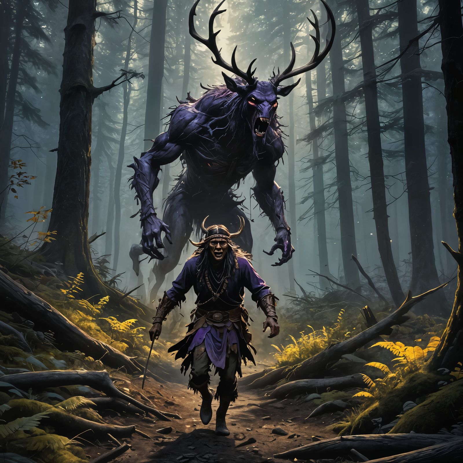 Terrifying Wendigo Chase in Dark Fantasy Style