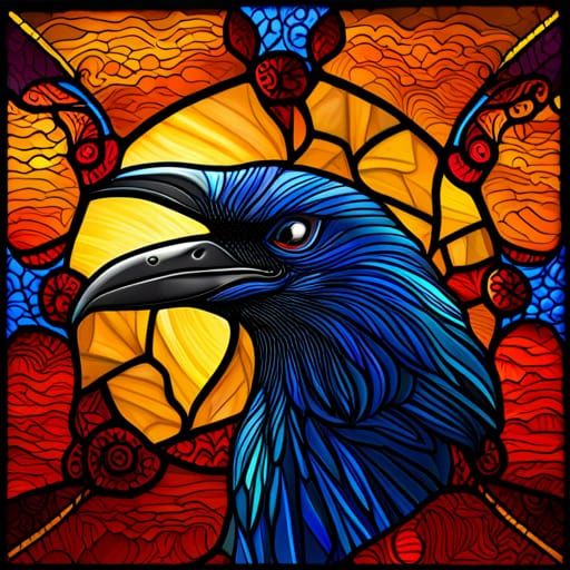 Majestic Raven Stained Glass Window in Splash Art Style
