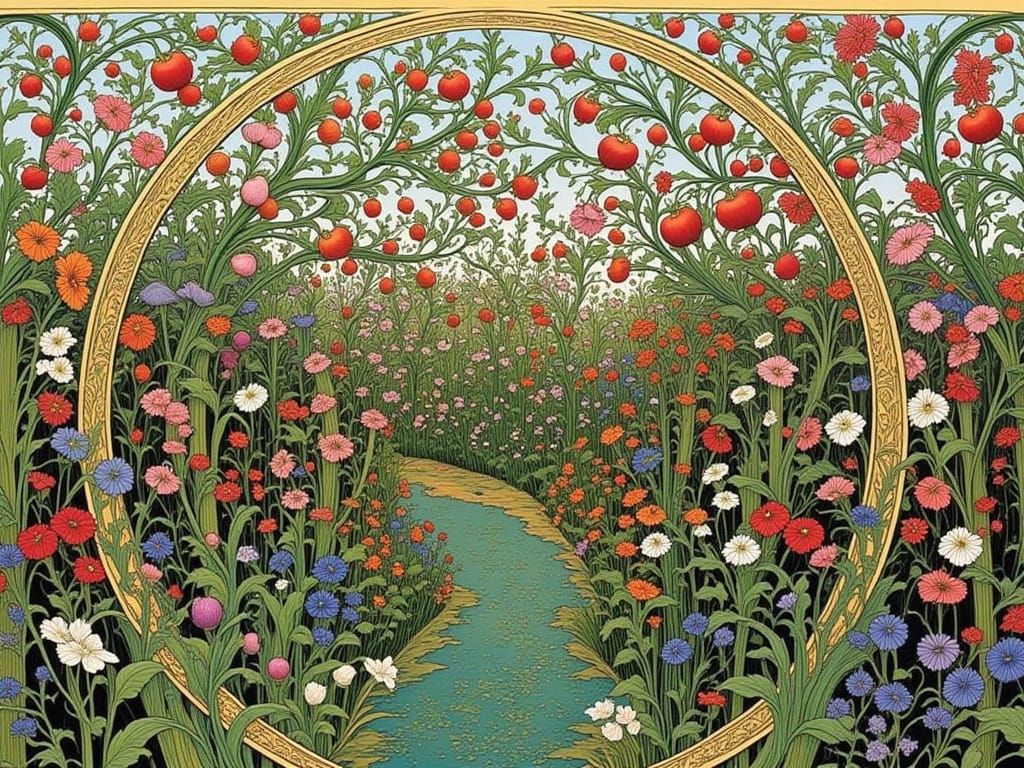 Whimsical Art Nouveau Apple Blossom Garden