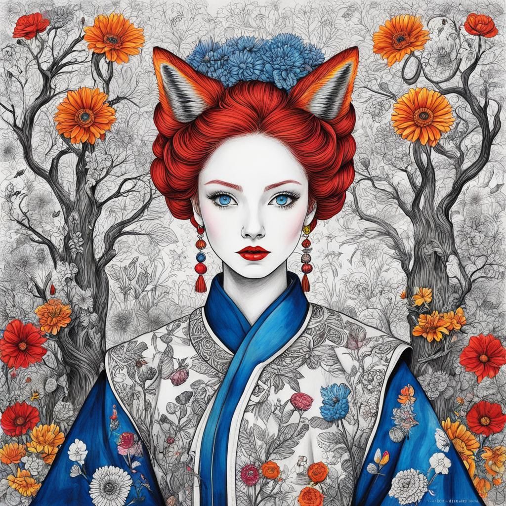 Red Haired Woman in Hanbok Dress, Child's Drawing