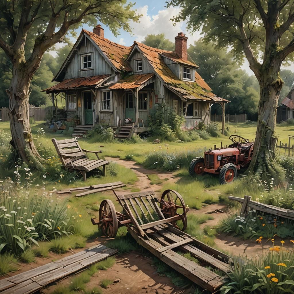 Abandoned Cottage in Gritty Oil Painting Style