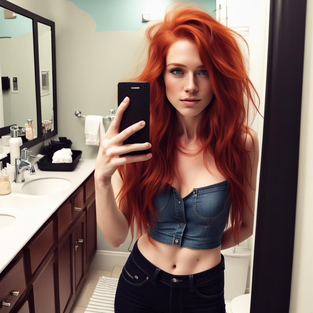 Redhead Selfie with Low Rise Jeans