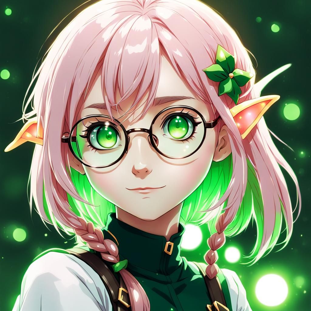 Anime Elf Girl with Pink Hair and Glasses