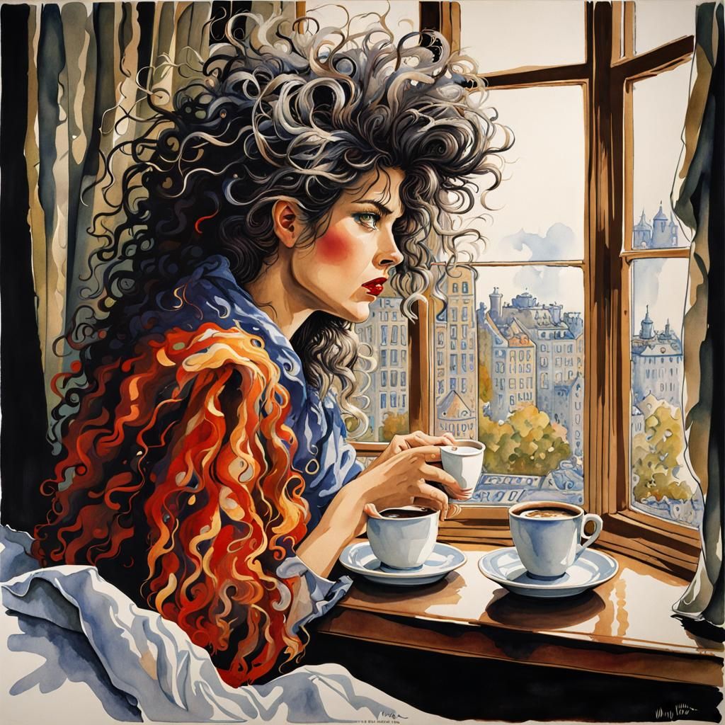 Whimsical Watercolor of Woman with Tousled Hair